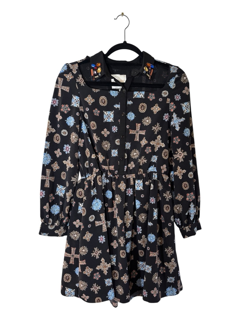NWT Line & Dot Black Jewel Print Rhinestone Collar Long Sleeve Mini Dress Small - Picture 3 of 14